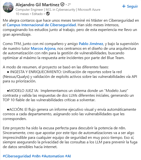 Opinión real en LinkedIn de Alejandro Gil Martínez sobre el Máster en Ciberseguridad