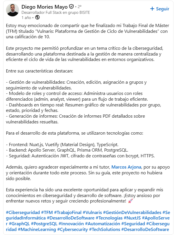 Opinión real en LinkedIn de Diego Mories Mayo sobre el Máster en Ciberseguridad