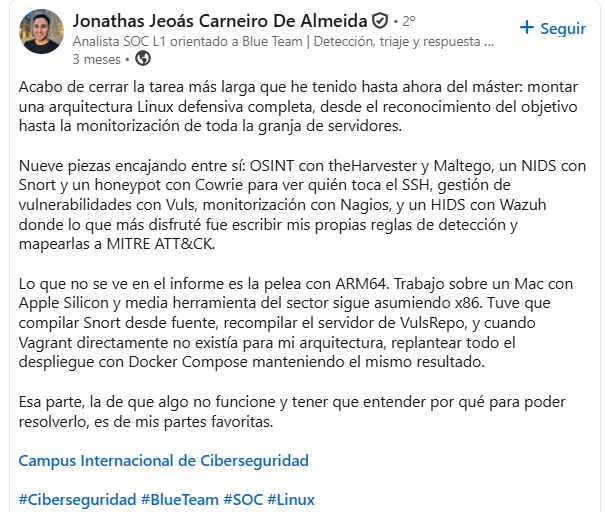 Opinión real en LinkedIn de Jonathas Carneiro sobre el Máster en Ciberseguridad