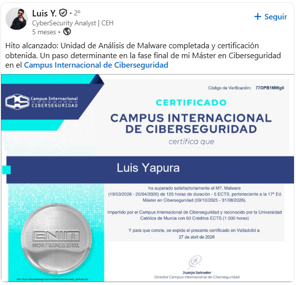 Opinión real en LinkedIn de Luis Yapura sobre el Máster en Ciberseguridad
