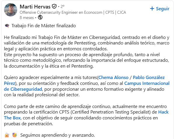Opinión real en LinkedIn de Marti Hervás sobre el Máster en Ciberseguridad