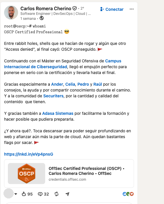 Publicación real en LinkedIn de Carlos Romera Cherino sobre el Máster en Seguridad Ofensiva