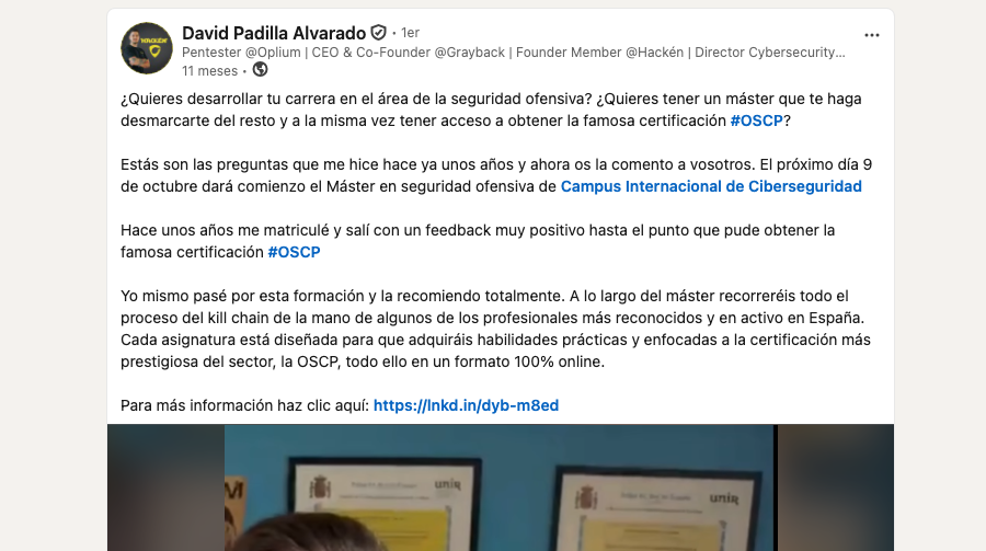 Publicación real en LinkedIn de David Padilla sobre el Máster en Seguridad Ofensiva