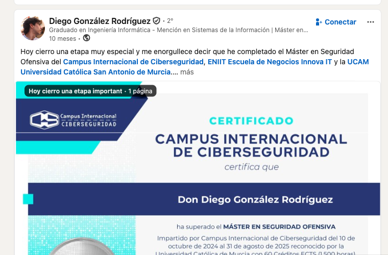 Publicación real en LinkedIn de Diego González Rodríguez sobre el Máster en Seguridad Ofensiva