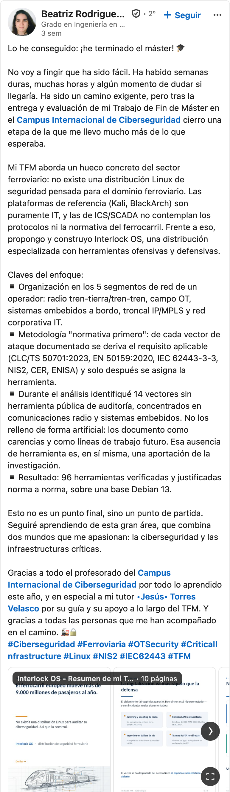 Testimonio de Beatriz Rodríguez Gutiérrez en LinkedIn sobre el Máster en Ciberseguridad: Mi TFM, Interlock OS: la distribución de seguridad que no existía para el dominio ferroviario.