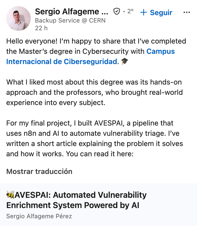 Testimonio de Sergio Alfageme Pérez en LinkedIn sobre el Máster en Ciberseguridad: What I liked most was its hands-on approach and the professors, who brought real-world experience into every subject.